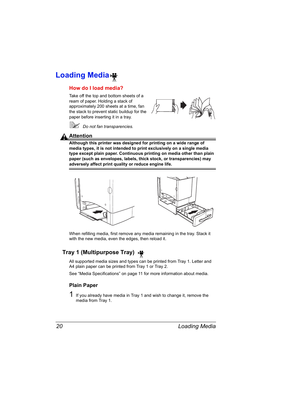 Loading media, Tray 1 (multipurpose tray), Loading media 20 | Tray 1 (multipurpose tray) 20 | NEC 2300 DL User Manual | Page 28 / 172