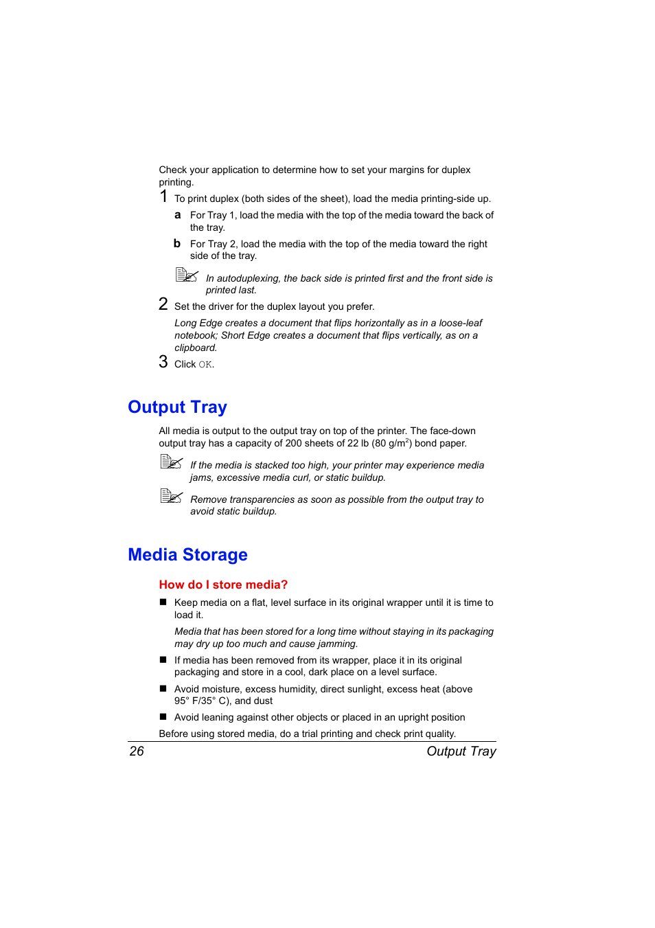 Output tray, Media storage, Output tray 26 media storage 26 | NEC 2300 DL User Manual | Page 34 / 172