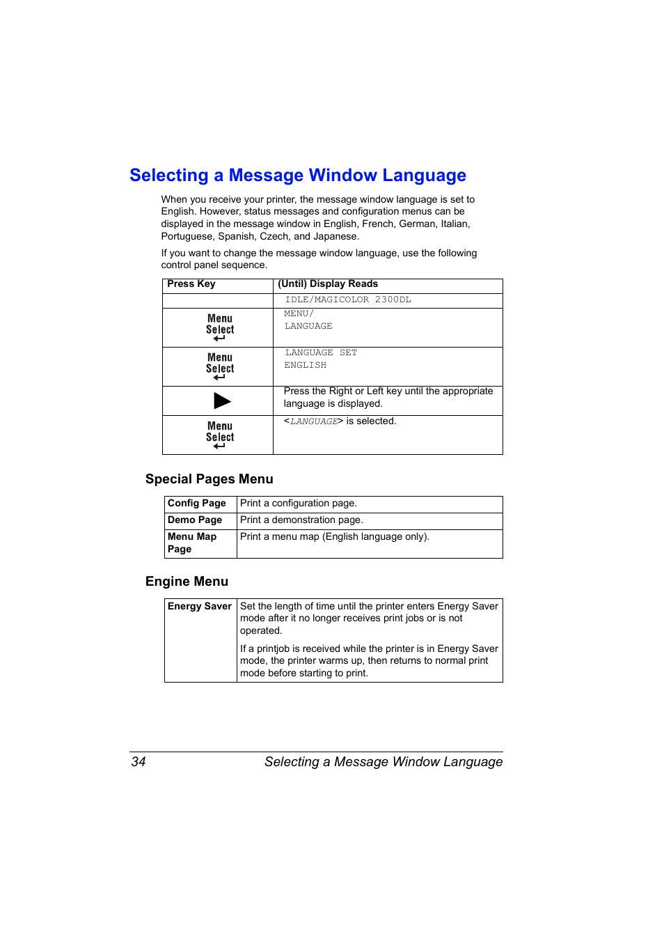 Selecting a message window language, Engine menu, Selecting a message window language 34 | Special pages menu engine menu | NEC 2300 DL User Manual | Page 42 / 172