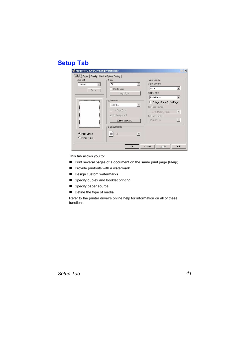 Setup tab, Setup tab 41 | NEC 2300 DL User Manual | Page 49 / 172