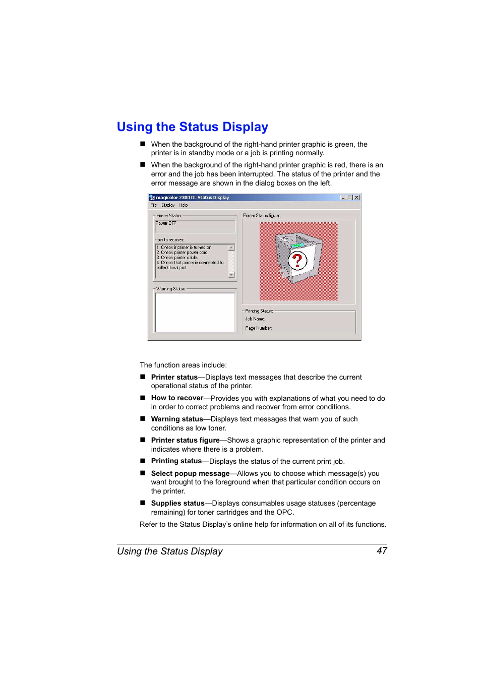 Using the status display, Using the status display 47 | NEC 2300 DL User Manual | Page 55 / 172