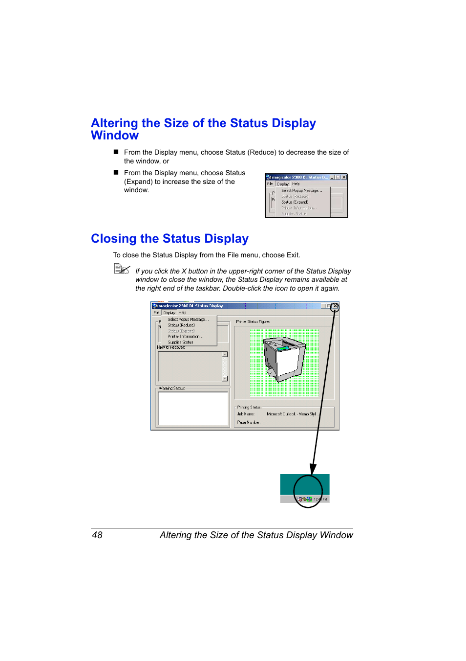 Altering the size of the status display window, Closing the status display | NEC 2300 DL User Manual | Page 56 / 172