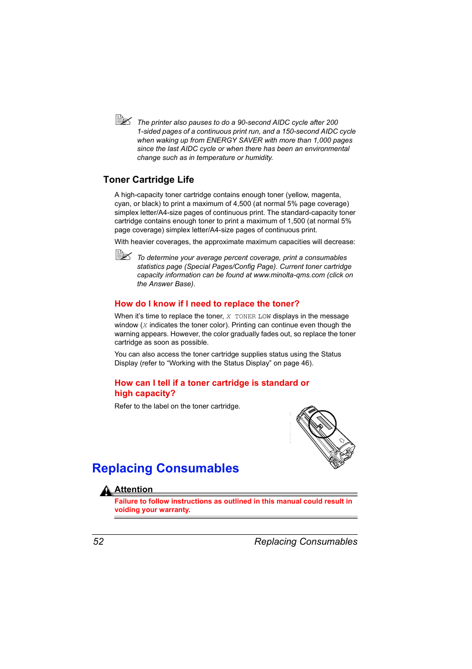 Toner cartridge life, Replacing consumables, Toner cartridge life 52 | Replacing consumables 52 | NEC 2300 DL User Manual | Page 60 / 172