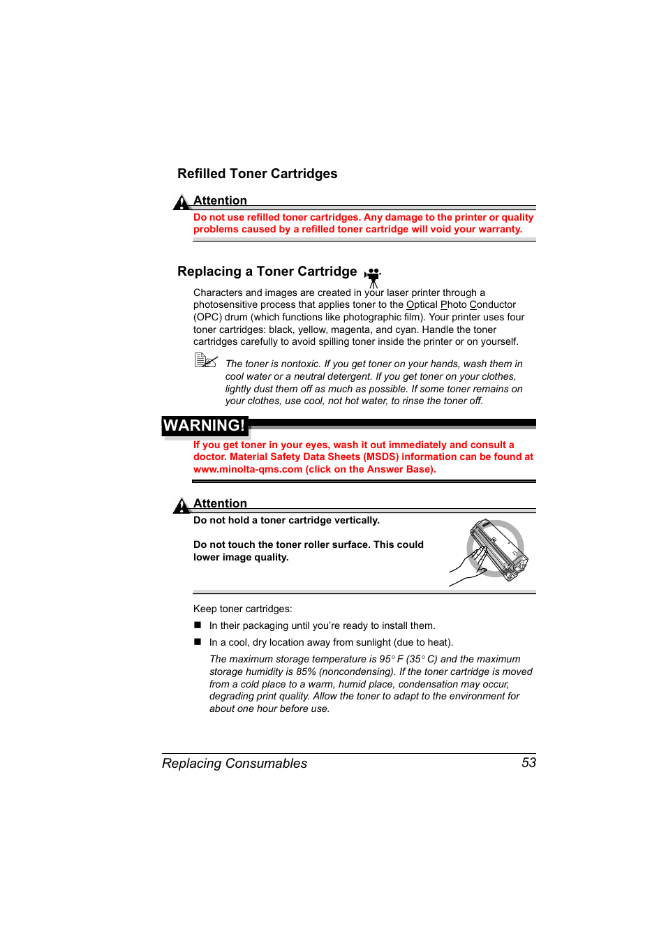 Refilled toner cartridges, Replacing a toner cartridge, Warning | NEC 2300 DL User Manual | Page 61 / 172