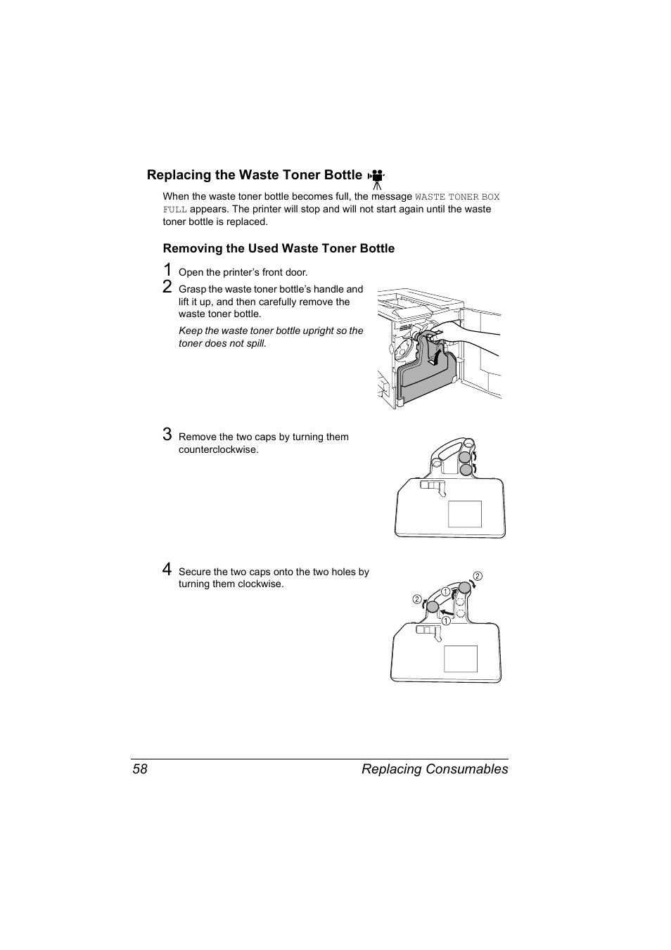 Replacing the waste toner bottle, Replacing the waste toner bottle 58 | NEC 2300 DL User Manual | Page 66 / 172