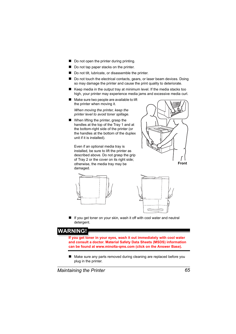 Warning, Maintaining the printer 65 | NEC 2300 DL User Manual | Page 73 / 172