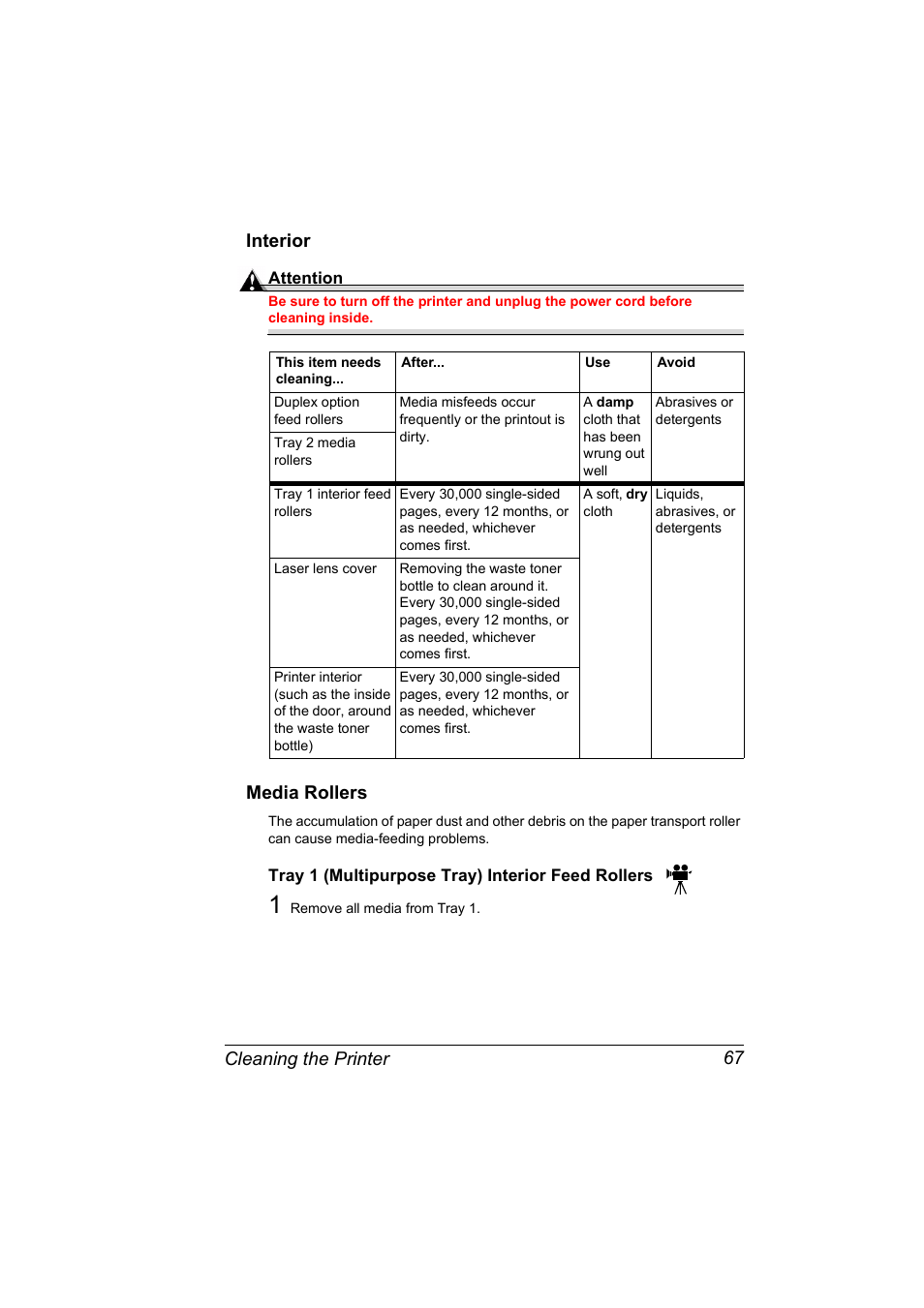 Interior, Media rollers, Interior 67 media rollers 67 | Cleaning the printer 67 interior | NEC 2300 DL User Manual | Page 75 / 172