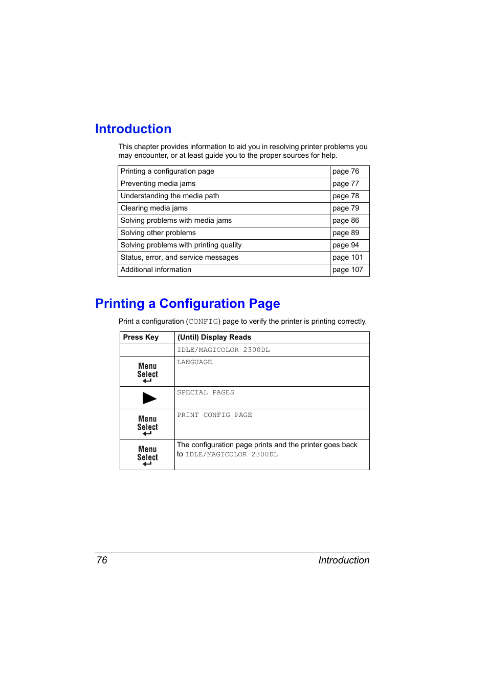 Introduction, Printin g a configuration page, Introduction 76 | NEC 2300 DL User Manual | Page 84 / 172