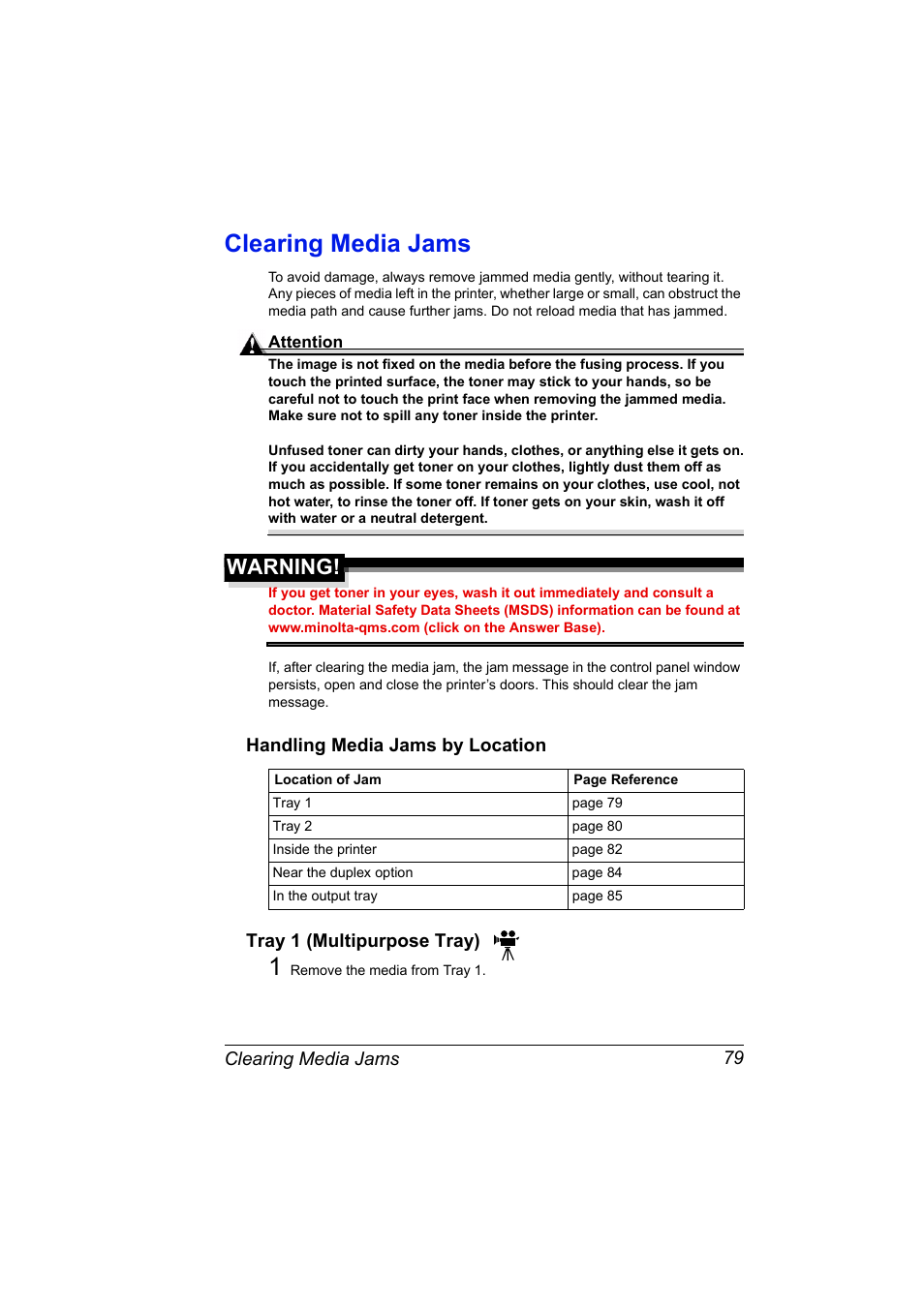 Clearing media jams, Handling media jams by location, Tray 1 (multipurpose tray) | Clearing media jams 79, Warning | NEC 2300 DL User Manual | Page 87 / 172