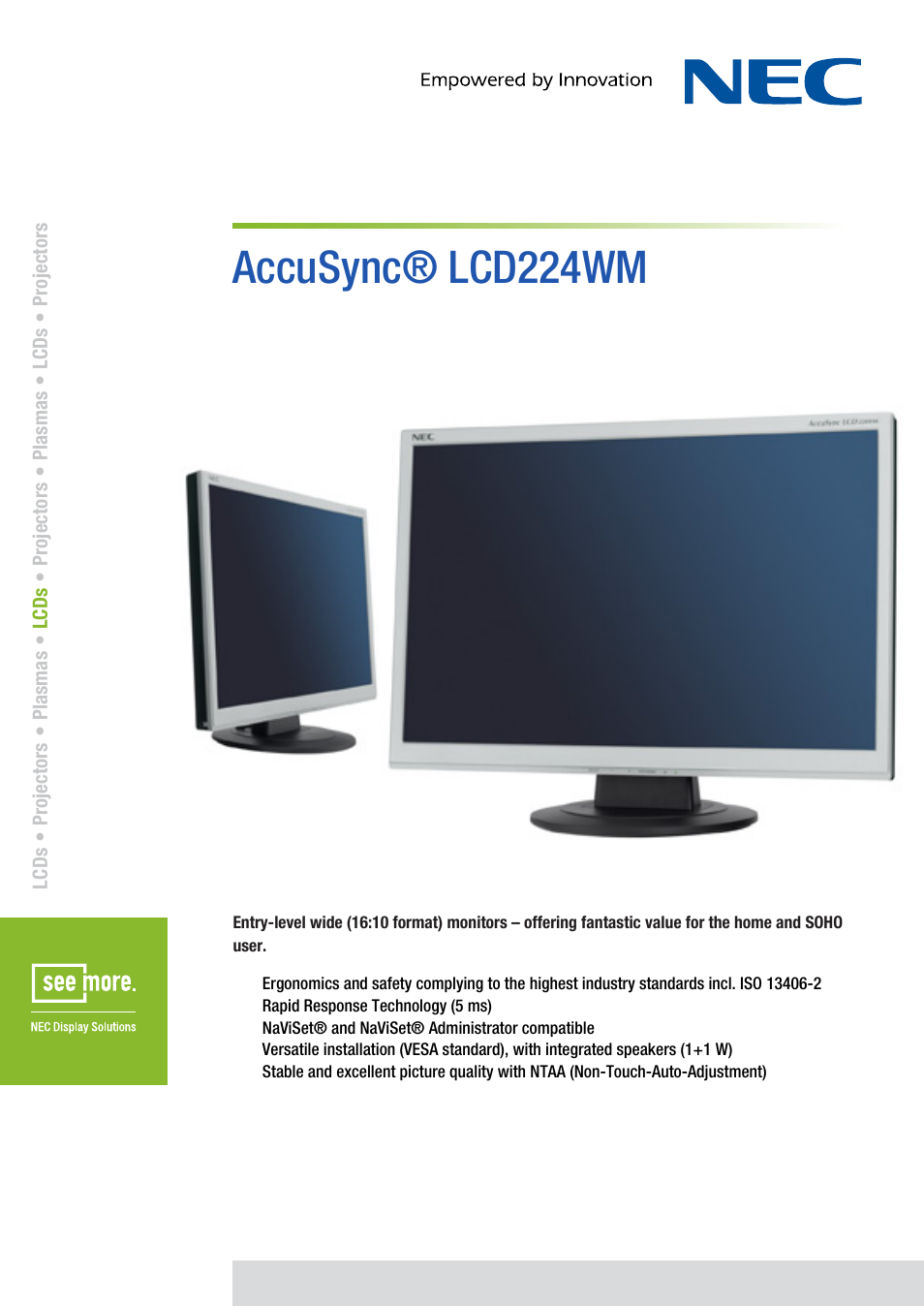 NEC AccuSync LCD224WM User Manual | 2 pages