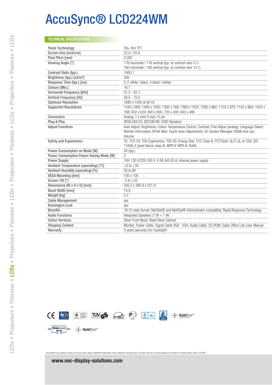 Accusync® lcd224wm | NEC AccuSync LCD224WM User Manual | Page 2 / 2