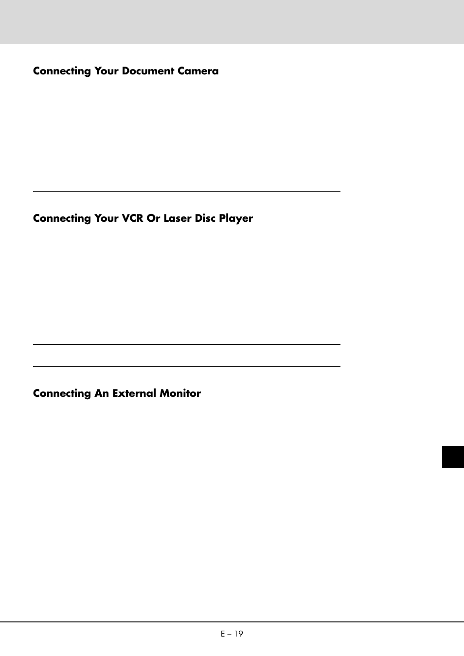 Connecting your document camera, Connecting your vcr or laser disc player, Connecting an external monitor | NEC MT 1020G /820G User Manual | Page 19 / 38