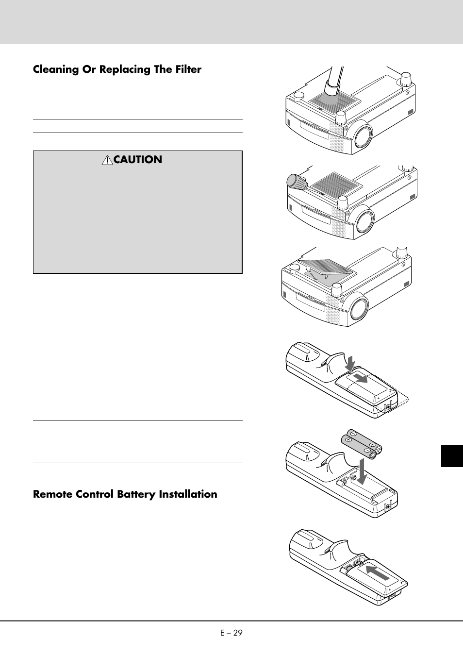 Cleaning or replacing the filter, Caution, Remote control battery installation | NEC MT 1020G /820G User Manual | Page 29 / 38