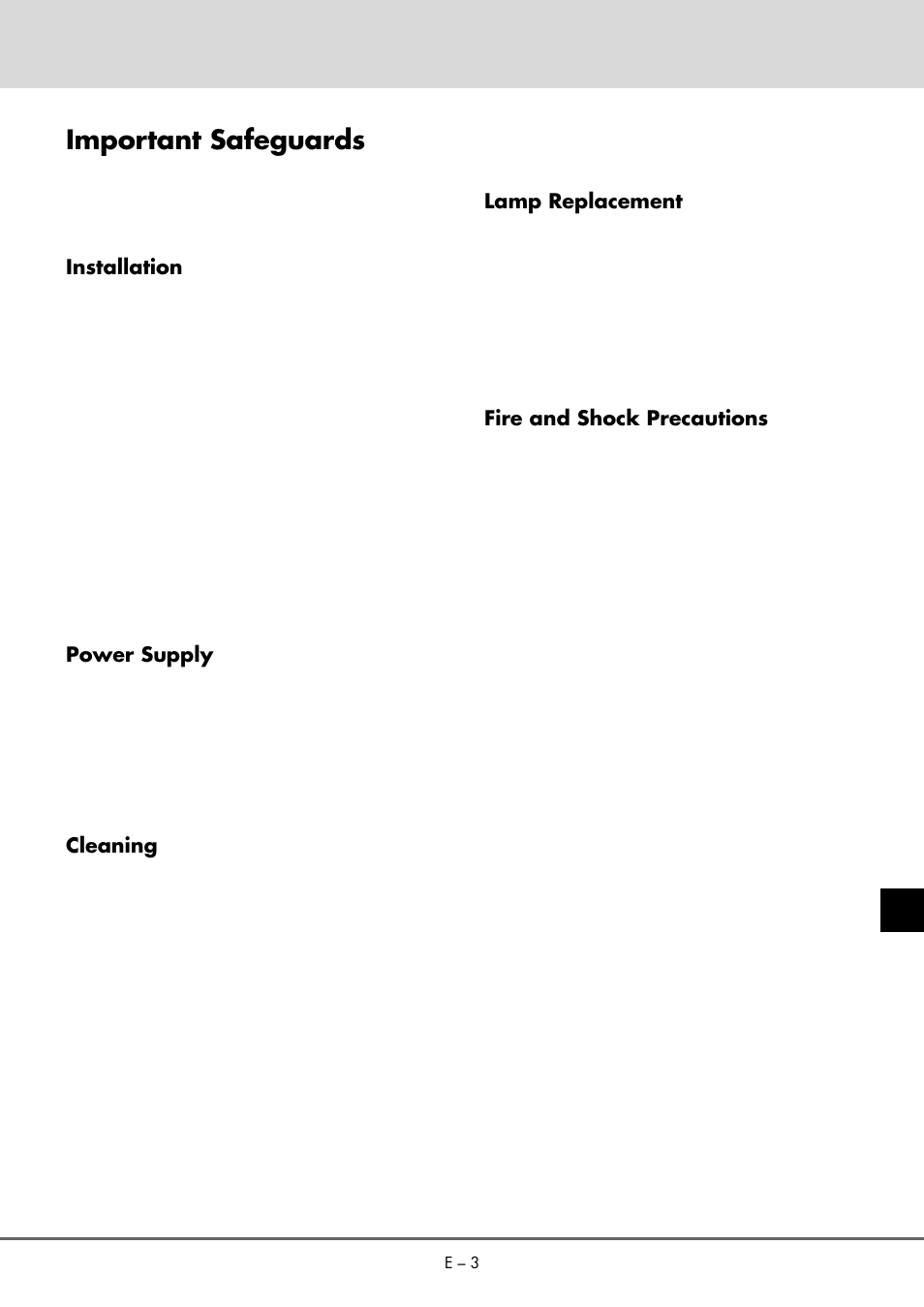 Important safeguards, Lamp replacement, Fire and shock precautions | Installation, Power supply, Cleaning | NEC MT 1020G /820G User Manual | Page 3 / 38