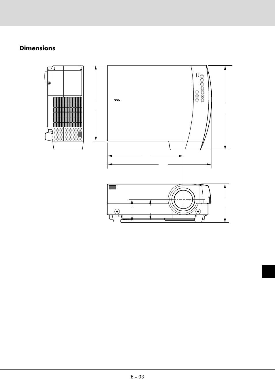 Dimensions, E – 33, Units : mm | NEC MT 1020G /820G User Manual | Page 33 / 38