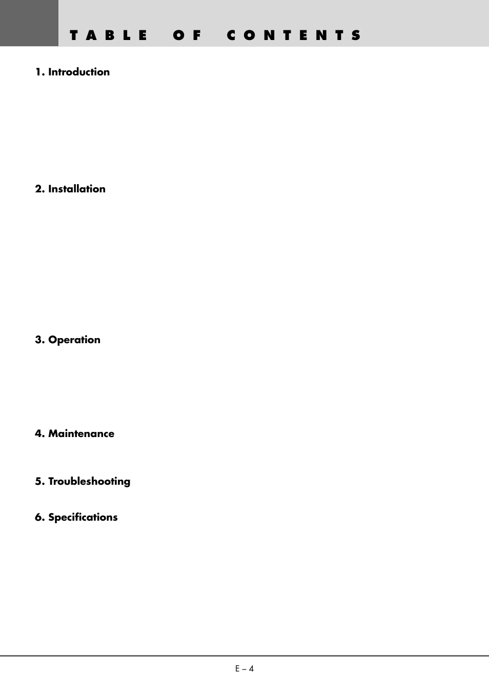 Introduction, Installation, Operation | Maintenance, Troubleshooting, Specifications | NEC MT 1020G /820G User Manual | Page 4 / 38