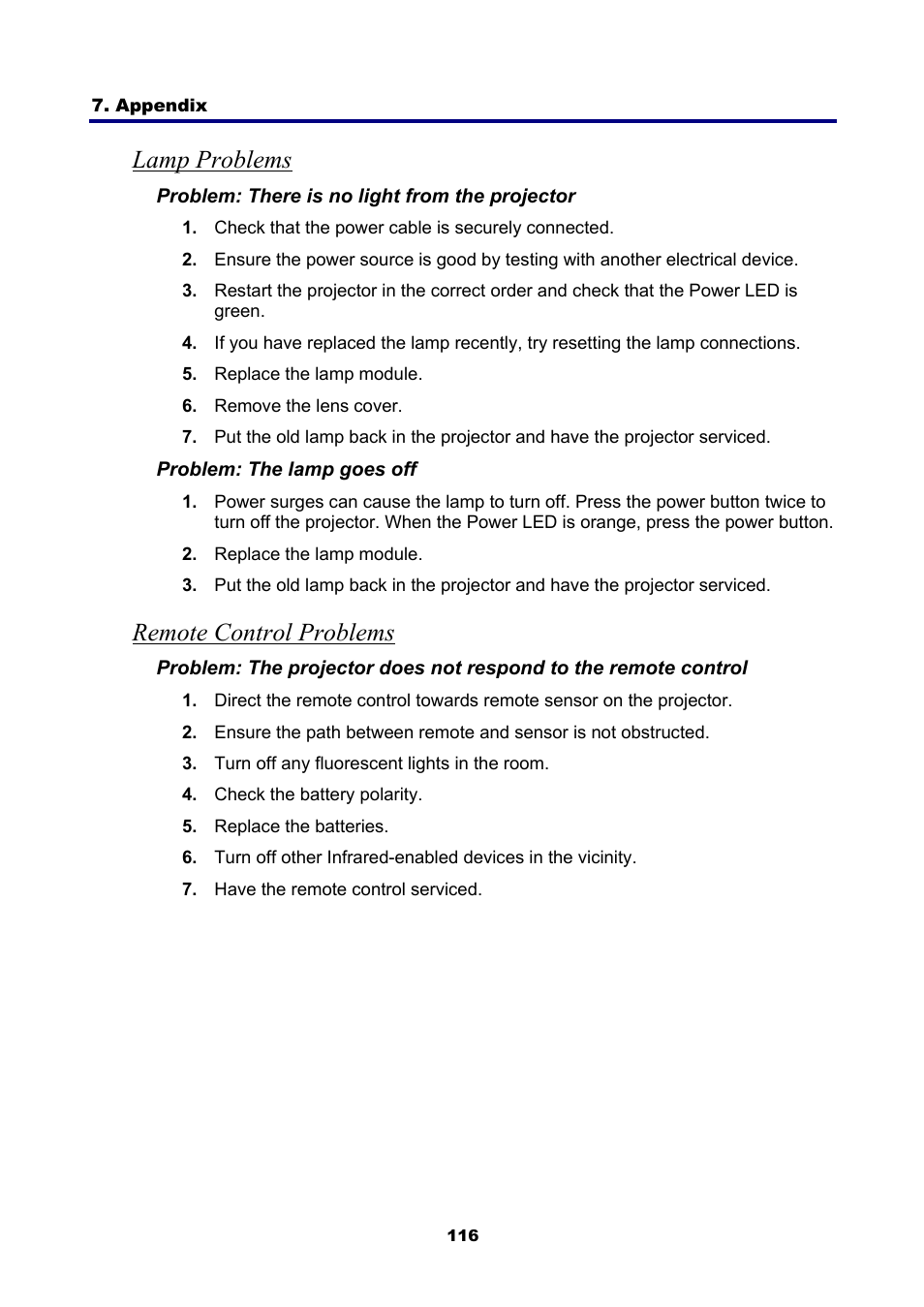 Lamp problems, Remote control problems | NEC NP4001/NP4000 User Manual | Page 128 / 151