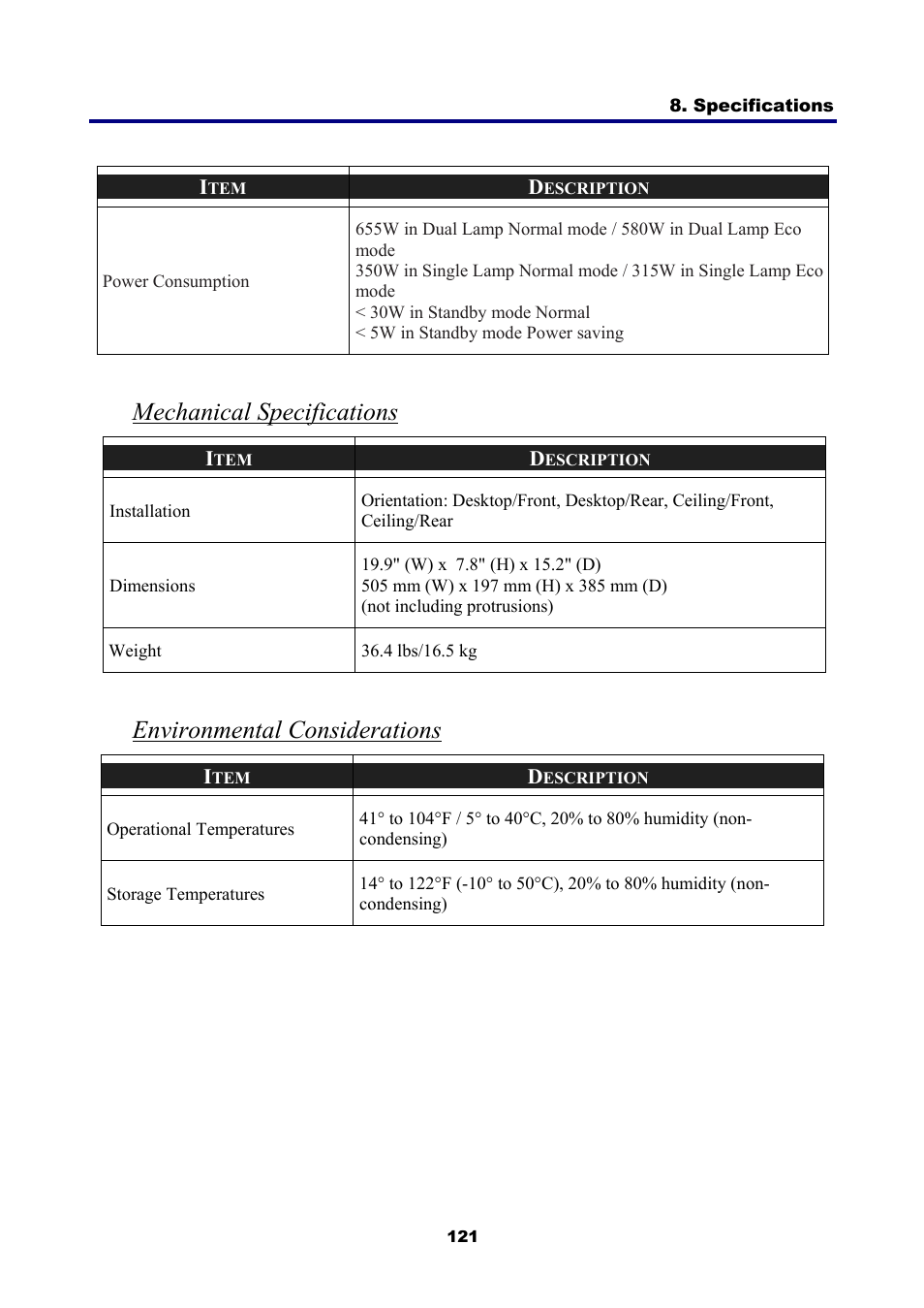 Mechanical specifications, Environmental considerations | NEC NP4001/NP4000 User Manual | Page 133 / 151