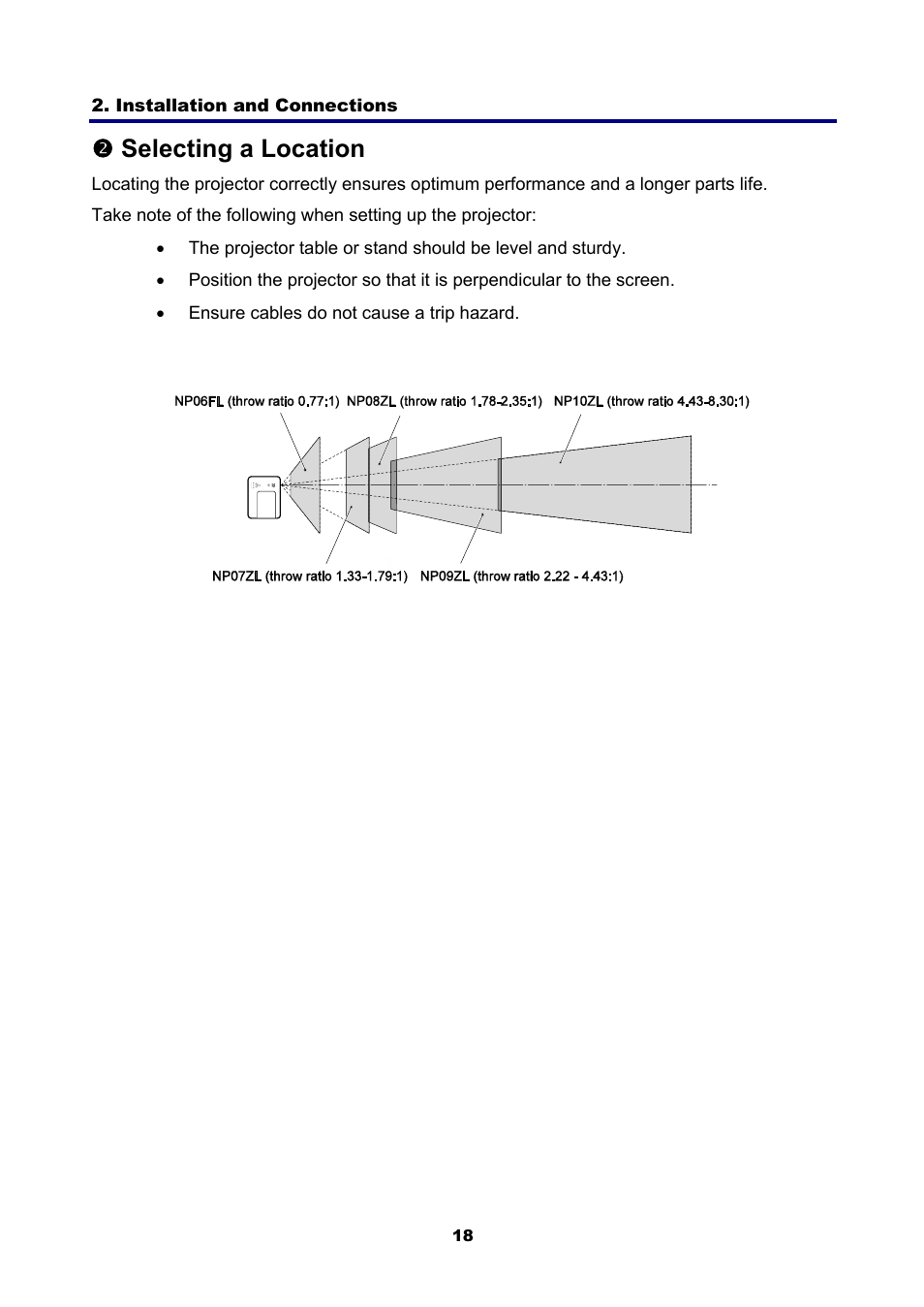 2) selecting a location, Electing a, Ocation | Oselecting a location | NEC NP4001/NP4000 User Manual | Page 30 / 151