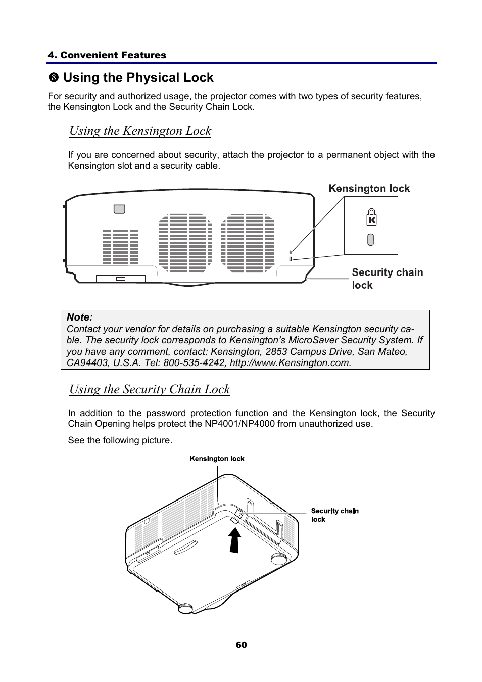 8) using the physical lock, Using the kensington lock, Using the security chain lock | Sing the, Hysical, U using the phy, Uusing the physical lock | NEC NP4001/NP4000 User Manual | Page 72 / 151