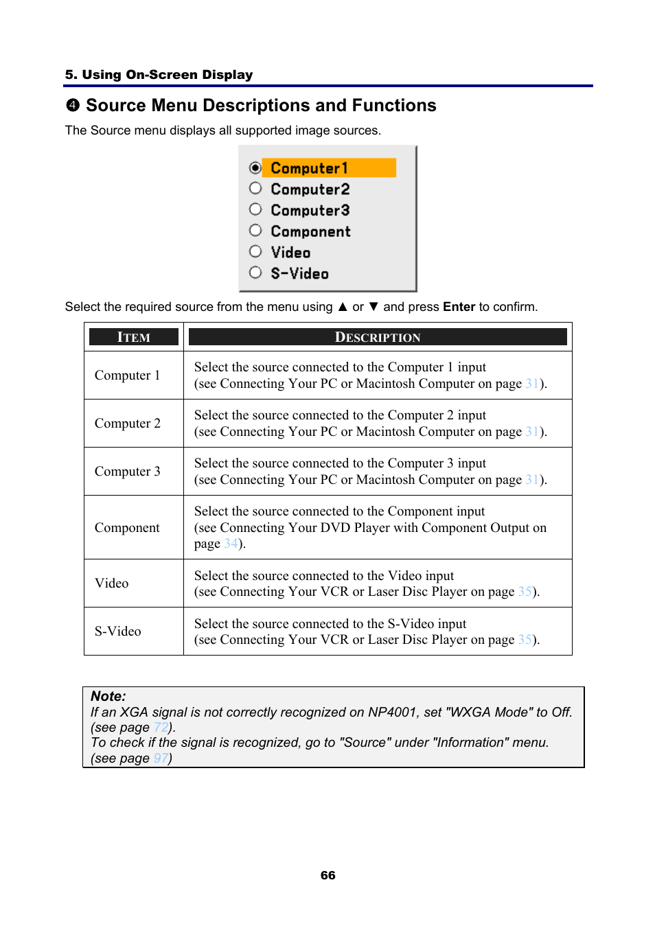 4) source menu descriptions and functions, Ource, Escriptions and | Unctions, Qsource menu descriptions and functions | NEC NP4001/NP4000 User Manual | Page 78 / 151