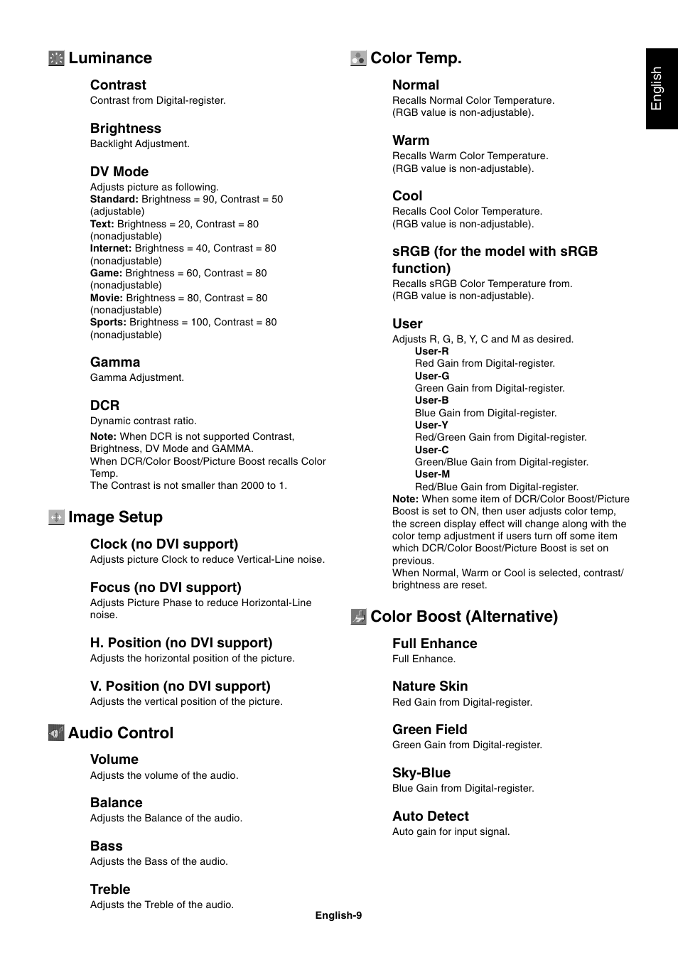 Luminance, Image setup, Audio control | Color temp, Color boost (alternative) | NEC AccuSync LCD22WMGX User Manual | Page 10 / 19