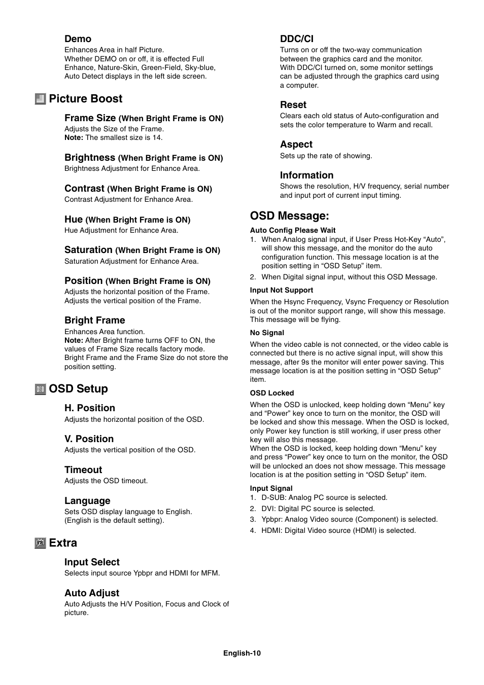 Picture boost, Osd setup, Extra | Osd message | NEC AccuSync LCD22WMGX User Manual | Page 11 / 19