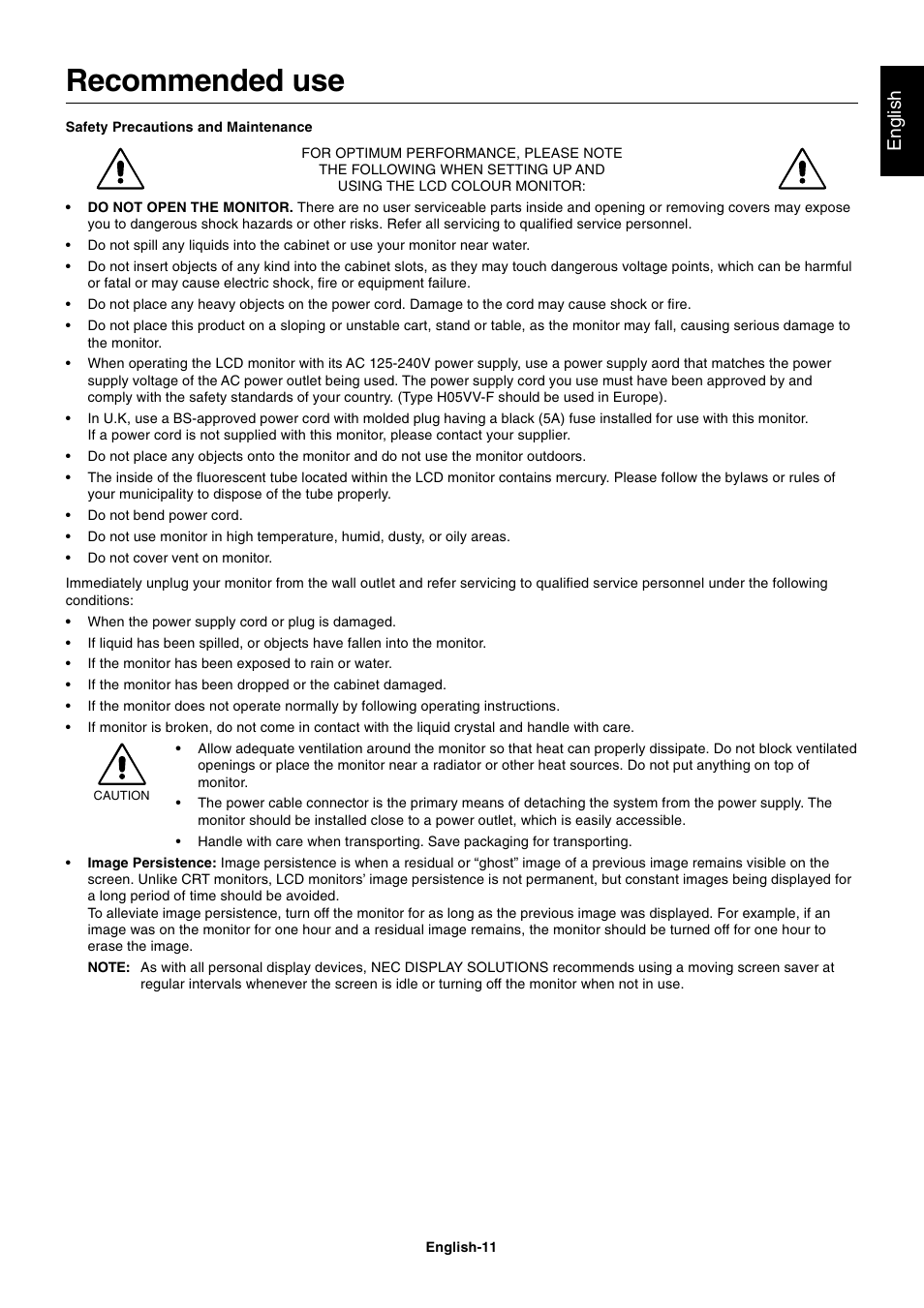 Recommended use, English | NEC AccuSync LCD22WMGX User Manual | Page 12 / 19