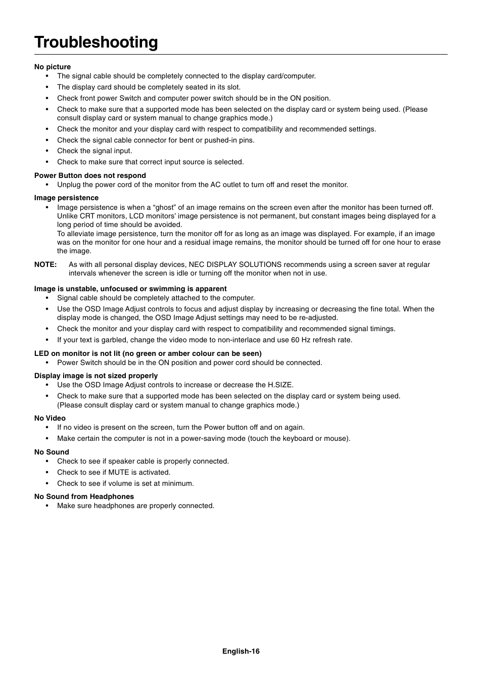 Troubleshooting | NEC AccuSync LCD22WMGX User Manual | Page 17 / 19