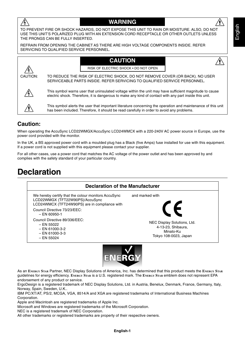 Warning, Caution, Declaration | Warning caution, English, Declaration of the manufacturer | NEC AccuSync LCD22WMGX User Manual | Page 2 / 19