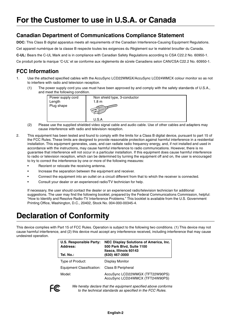 For the customer to use in u.s.a. or canada, Declaration of conformity, Fcc information | NEC AccuSync LCD22WMGX User Manual | Page 3 / 19