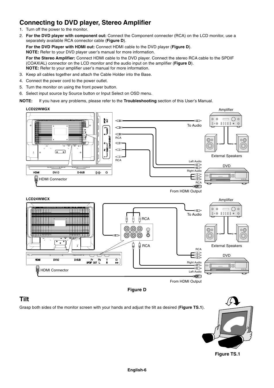 Connecting to dvd player, stereo amplifier, Tilt | NEC AccuSync LCD22WMGX User Manual | Page 7 / 19