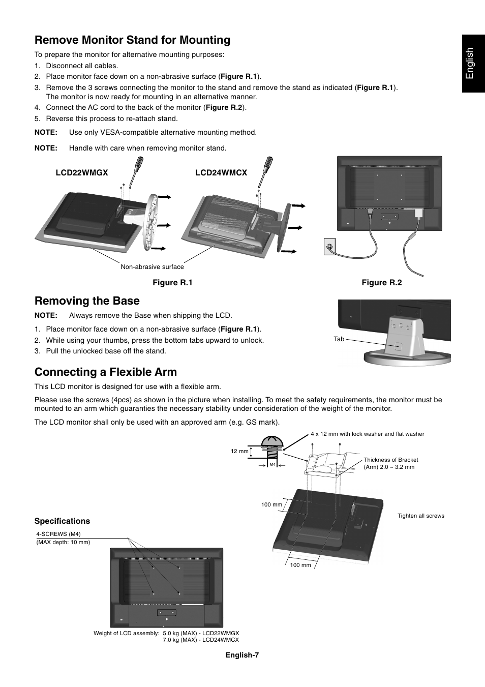 Removing the base, Connecting a flexible arm, Remove monitor stand for mounting | English | NEC AccuSync LCD22WMGX User Manual | Page 8 / 19