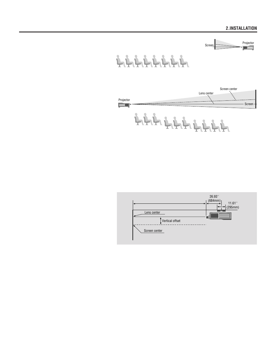Screen size and projection distance, Ceiling installation | NEC XL-6500G User Manual | Page 17 / 82