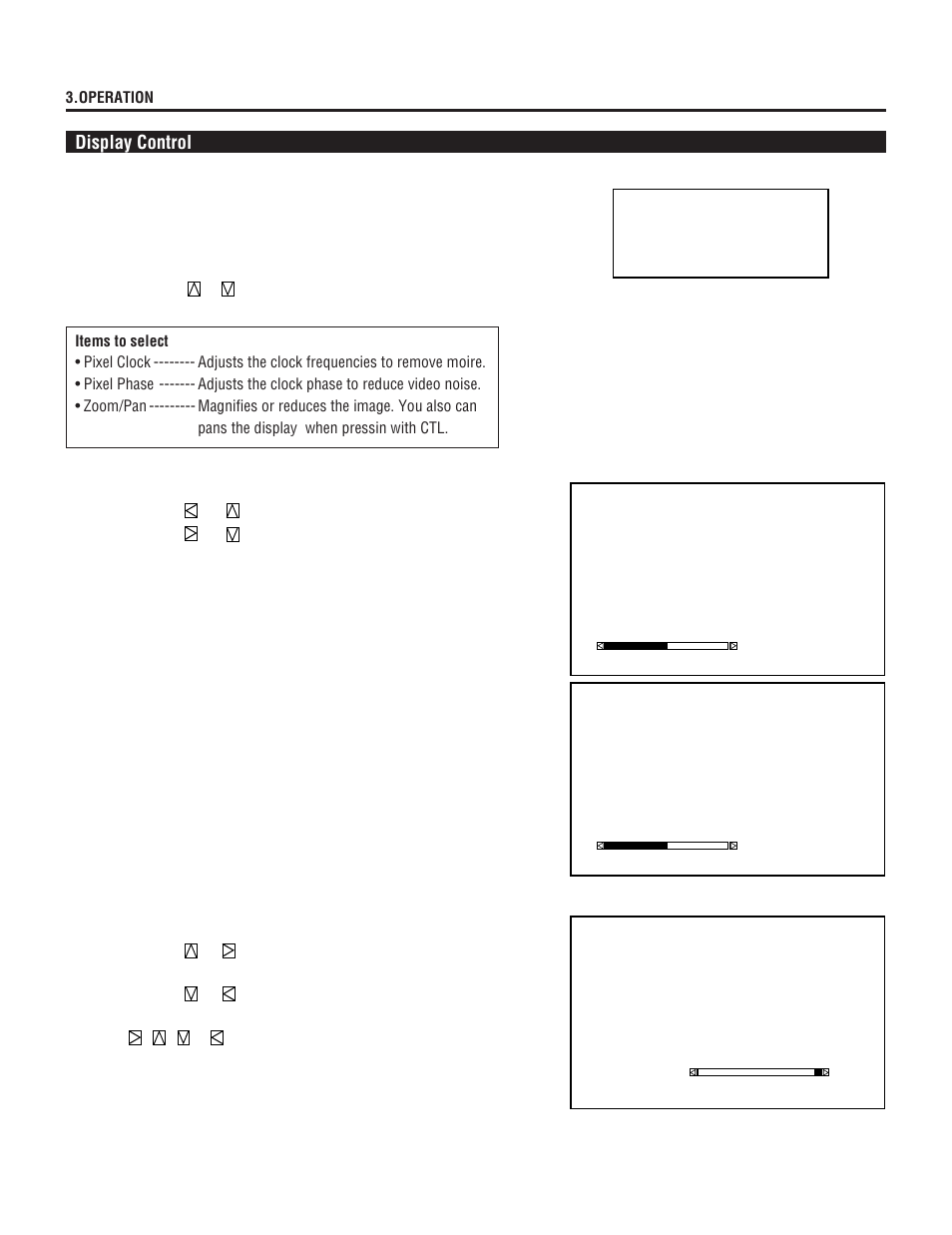 Display control, Pixel clock / pixel phase, Zoom/pan | NEC XL-6500G User Manual | Page 38 / 82