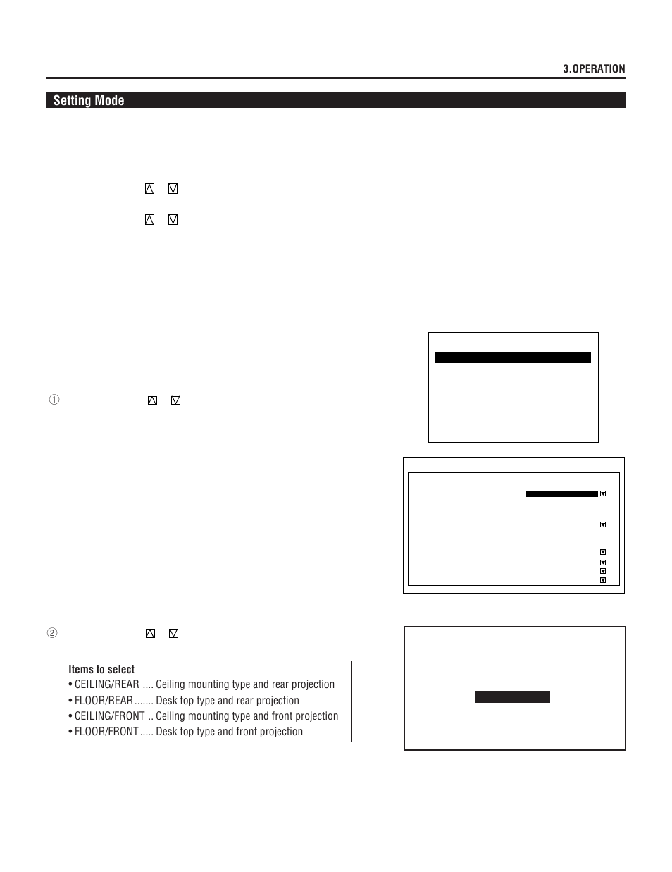 Setting mode, Pj orientation | NEC XL-6500G User Manual | Page 59 / 82