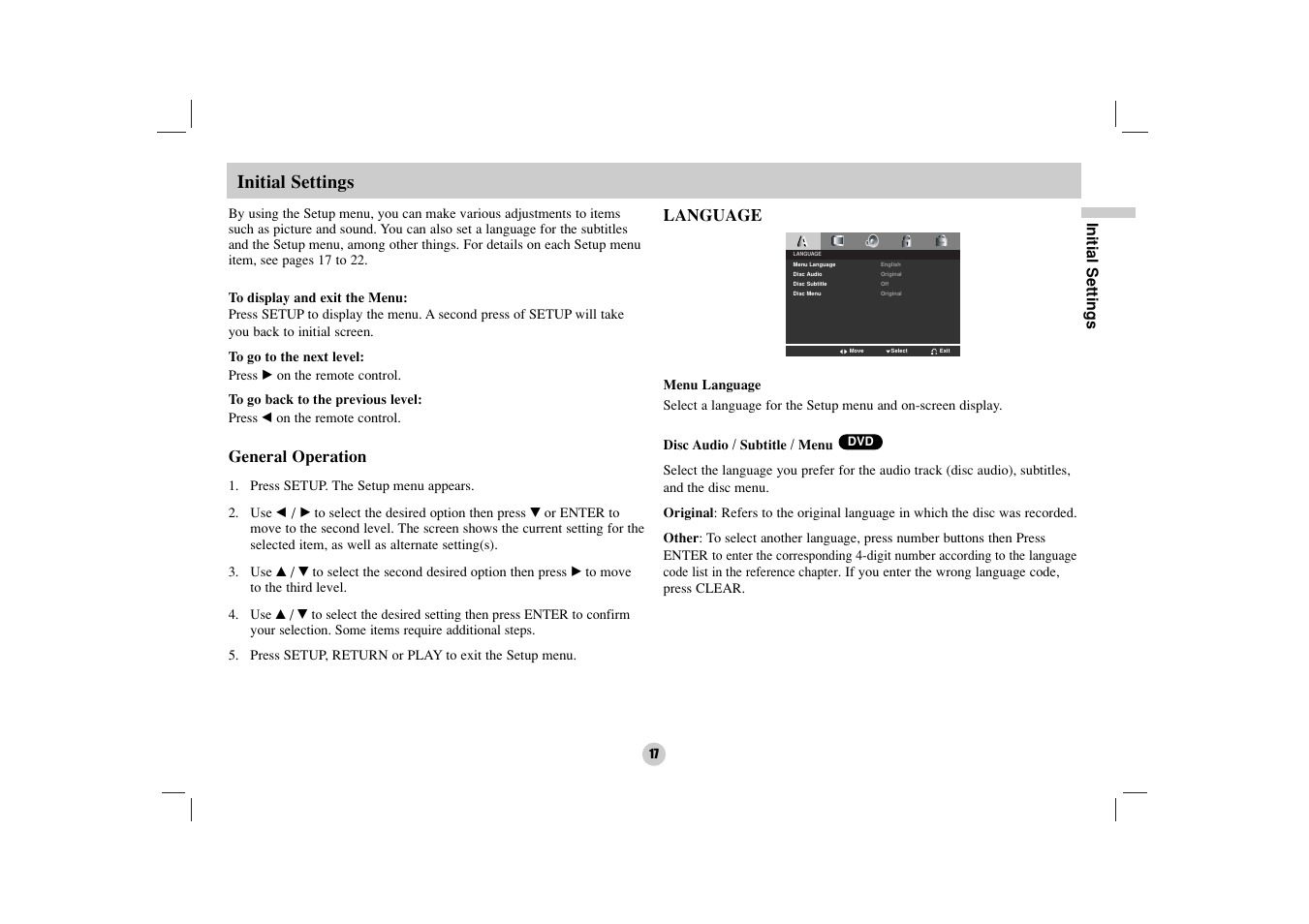 Initial settings, General operation, Language | NEC NDV-27 User Manual | Page 17 / 30