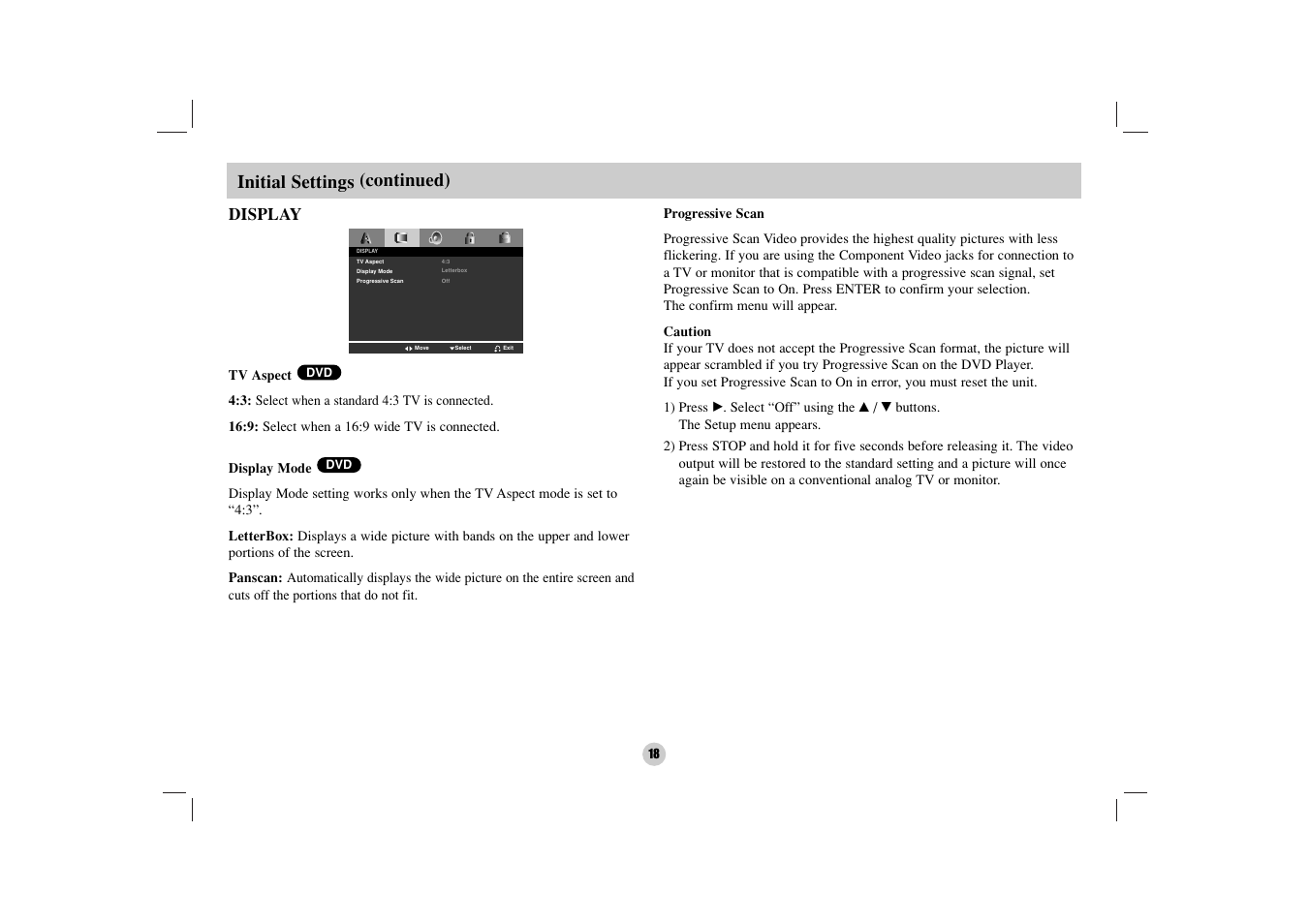 Initial settings (continued), Display | NEC NDV-27 User Manual | Page 18 / 30