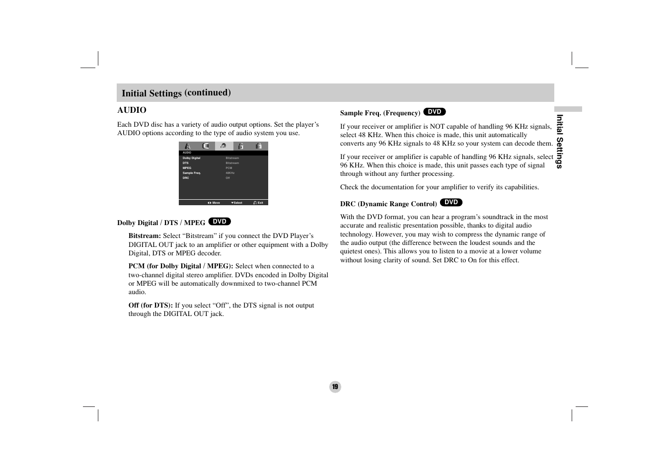 Initial settings (continued), Audio, Initial settings | NEC NDV-27 User Manual | Page 19 / 30