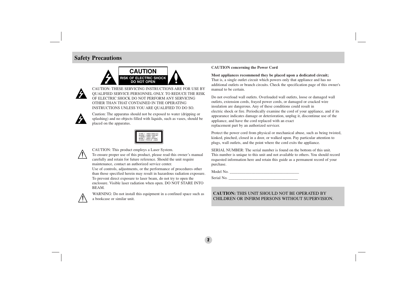 Safety precautions, Caution | NEC NDV-27 User Manual | Page 2 / 30