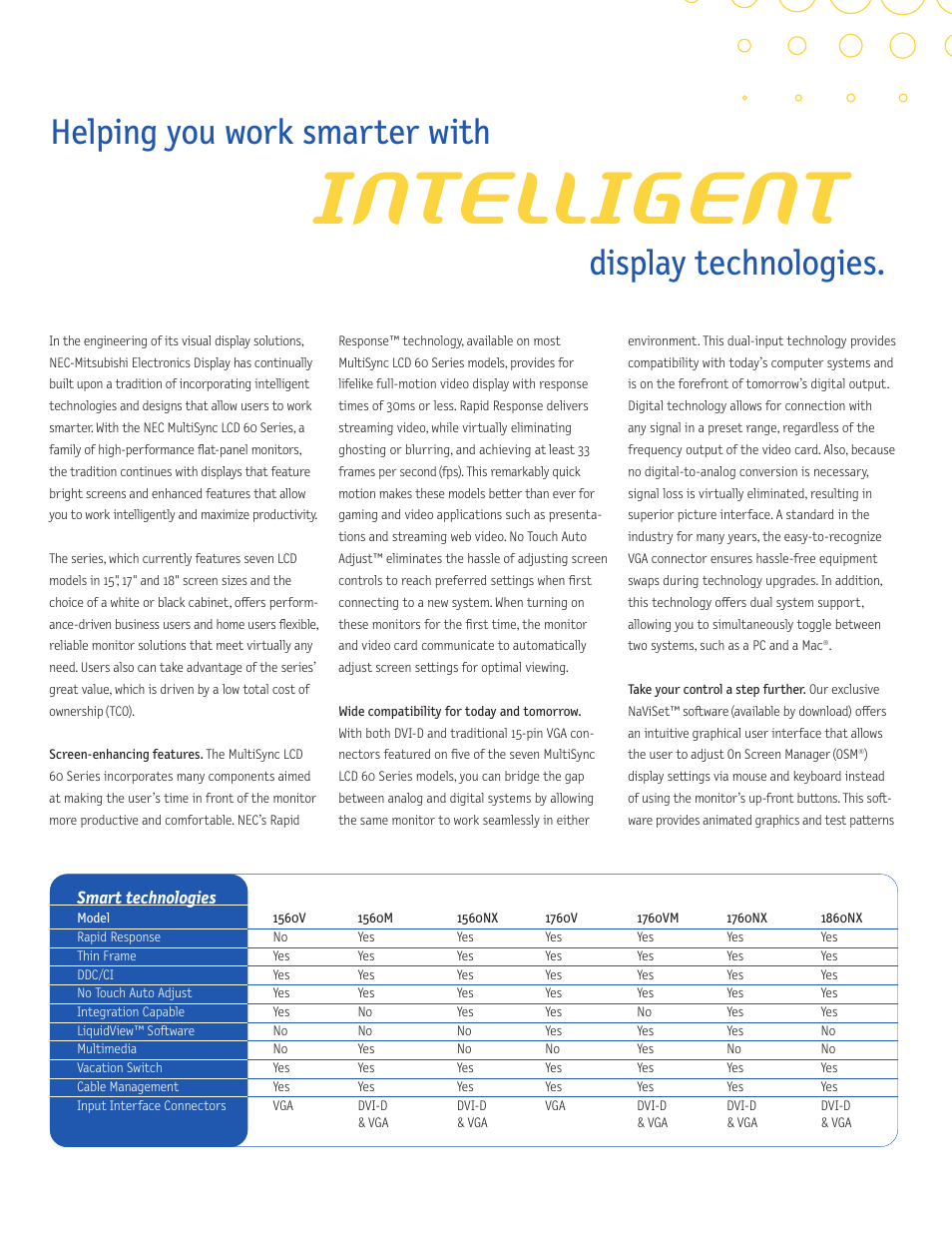 Intelligent, Helping you work smarter with, Display technologies | NEC LCD1560V User Manual | Page 2 / 4