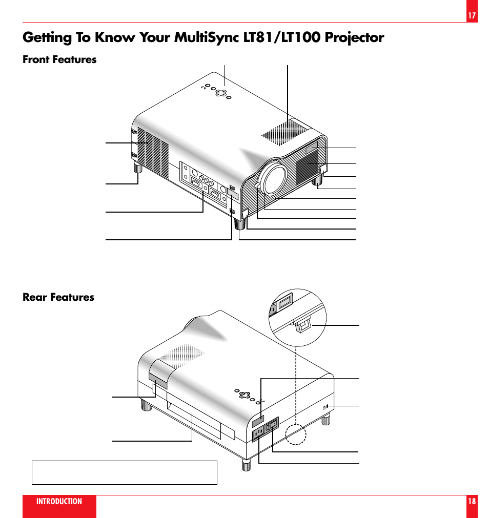 Front features, Rear features, 17 introduction 18 | NEC LT81 User Manual | Page 10 / 55