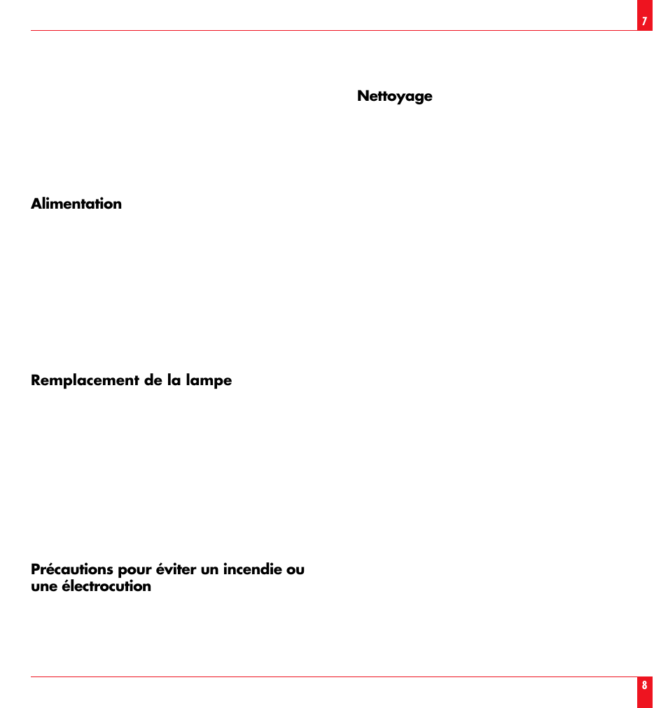 Alimentation, Nettoyage, Remplacement de la lampe | NEC LT81 User Manual | Page 5 / 55