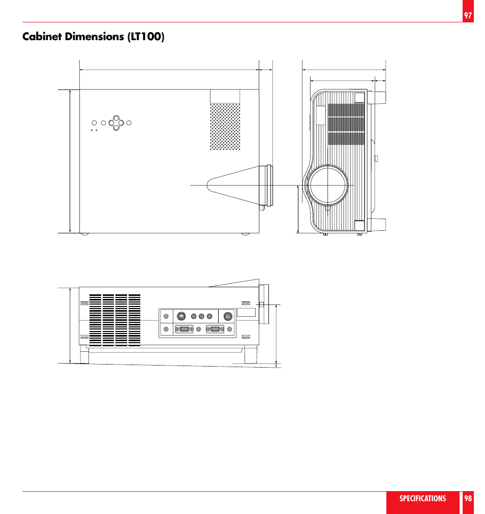 Cabinet dimensions (lt100), Specifications 98, Unit : inch (mm) | NEC LT81 User Manual | Page 50 / 55