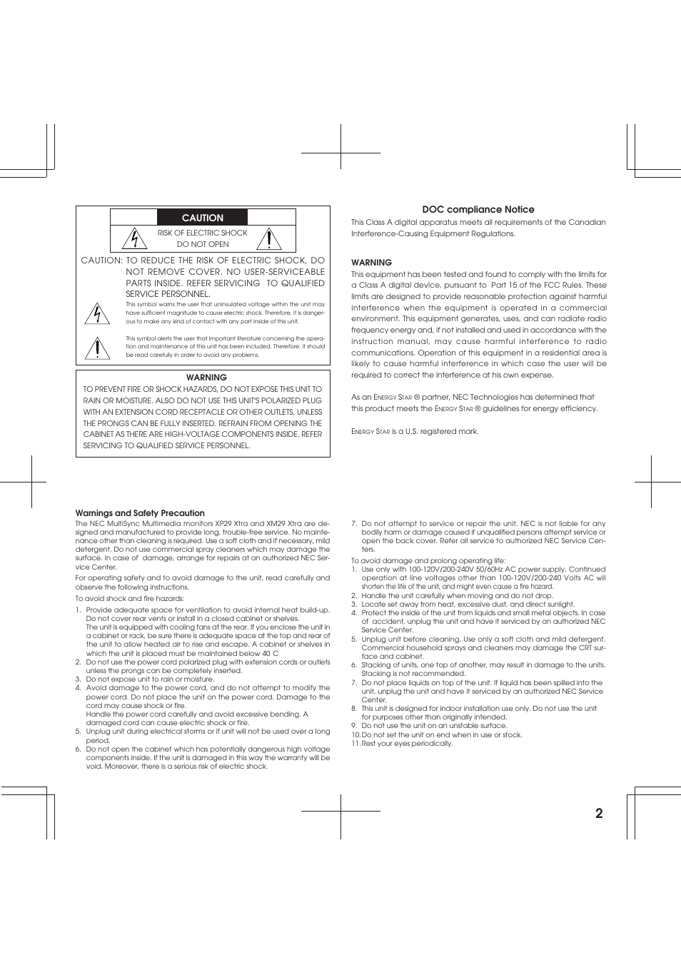 Caution, Doc compliance notice | NEC XP29 Xtra User Manual | Page 2 / 40