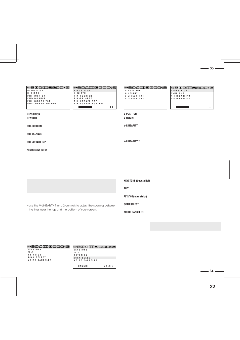 V-position/v-height/v-linearity controls group | NEC XP29 Xtra User Manual | Page 22 / 40