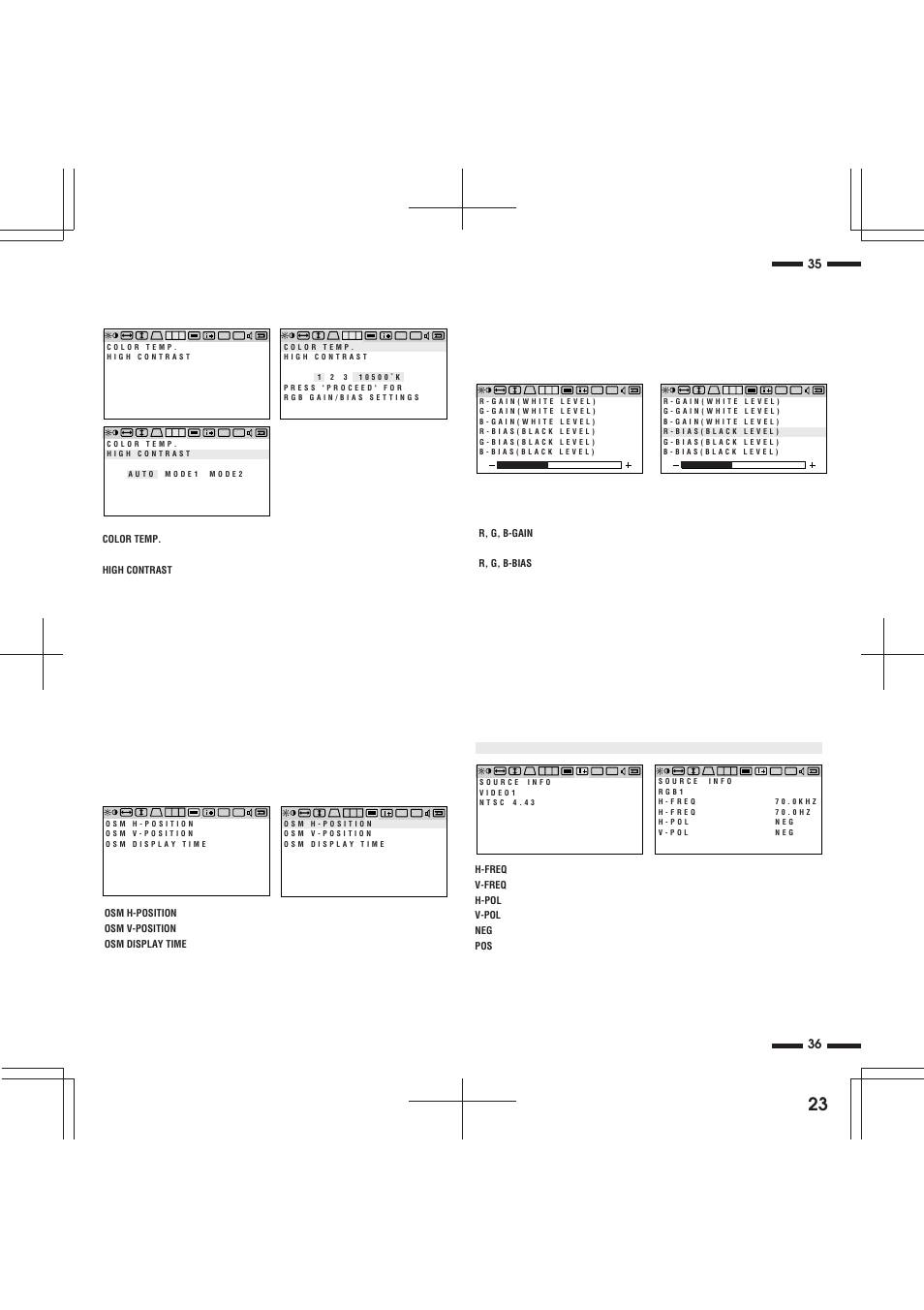 36 35 osm location/osm display time control, Source information, Rgb controls group | NEC XP29 Xtra User Manual | Page 23 / 40