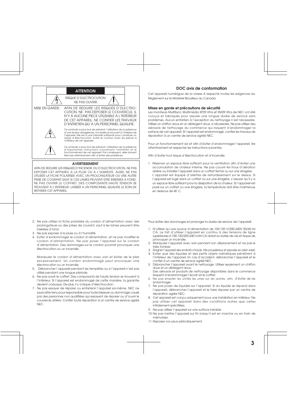 Attention, Doc avis de conformation | NEC XP29 Xtra User Manual | Page 3 / 40