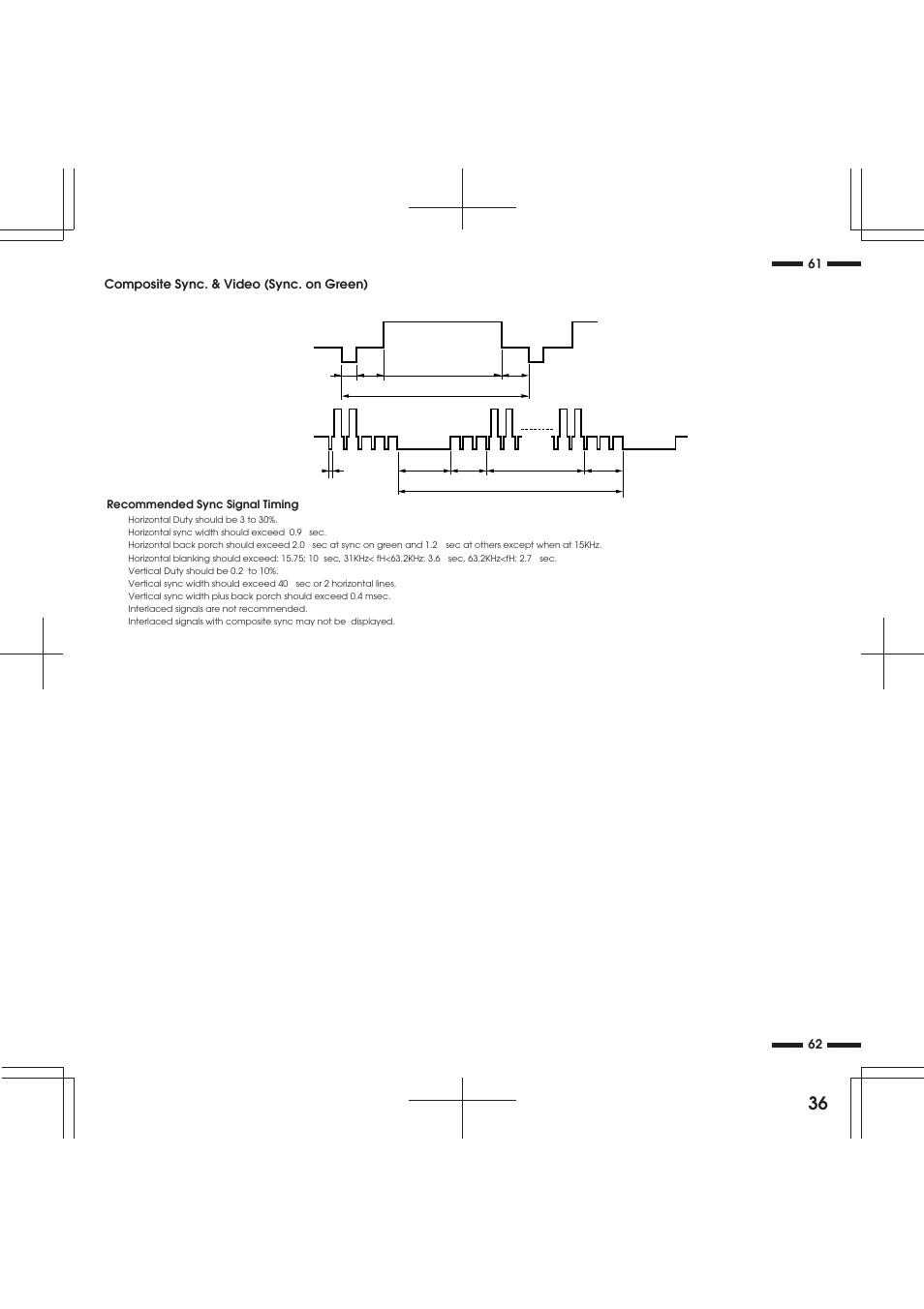 Composite sync. & video (sync. on green) 62 61, Horizontal vertical | NEC XP29 Xtra User Manual | Page 36 / 40