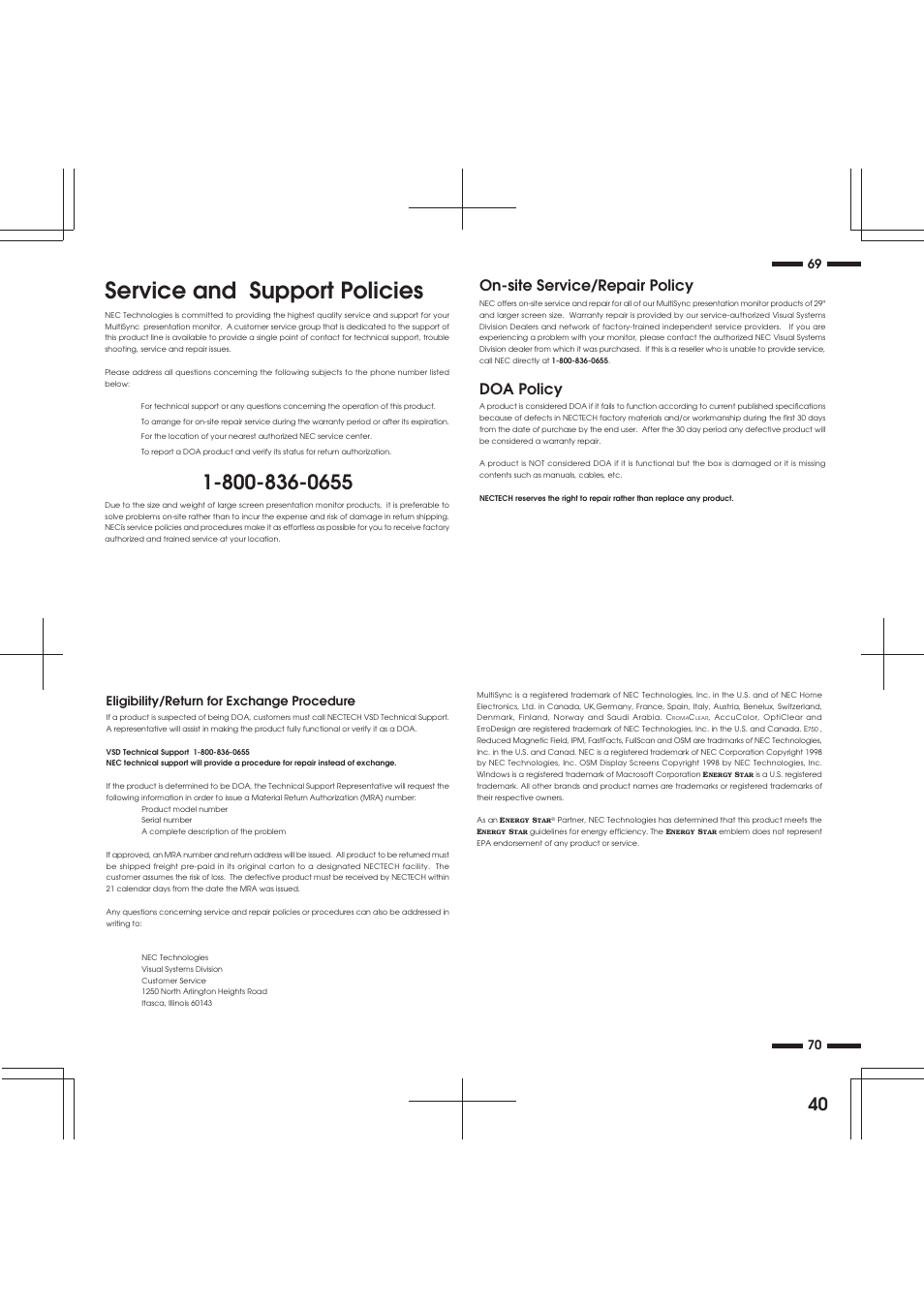 Service and support policies, On-site service/repair policy, Doa policy | Eligibility/return for exchange procedure | NEC XP29 Xtra User Manual | Page 40 / 40